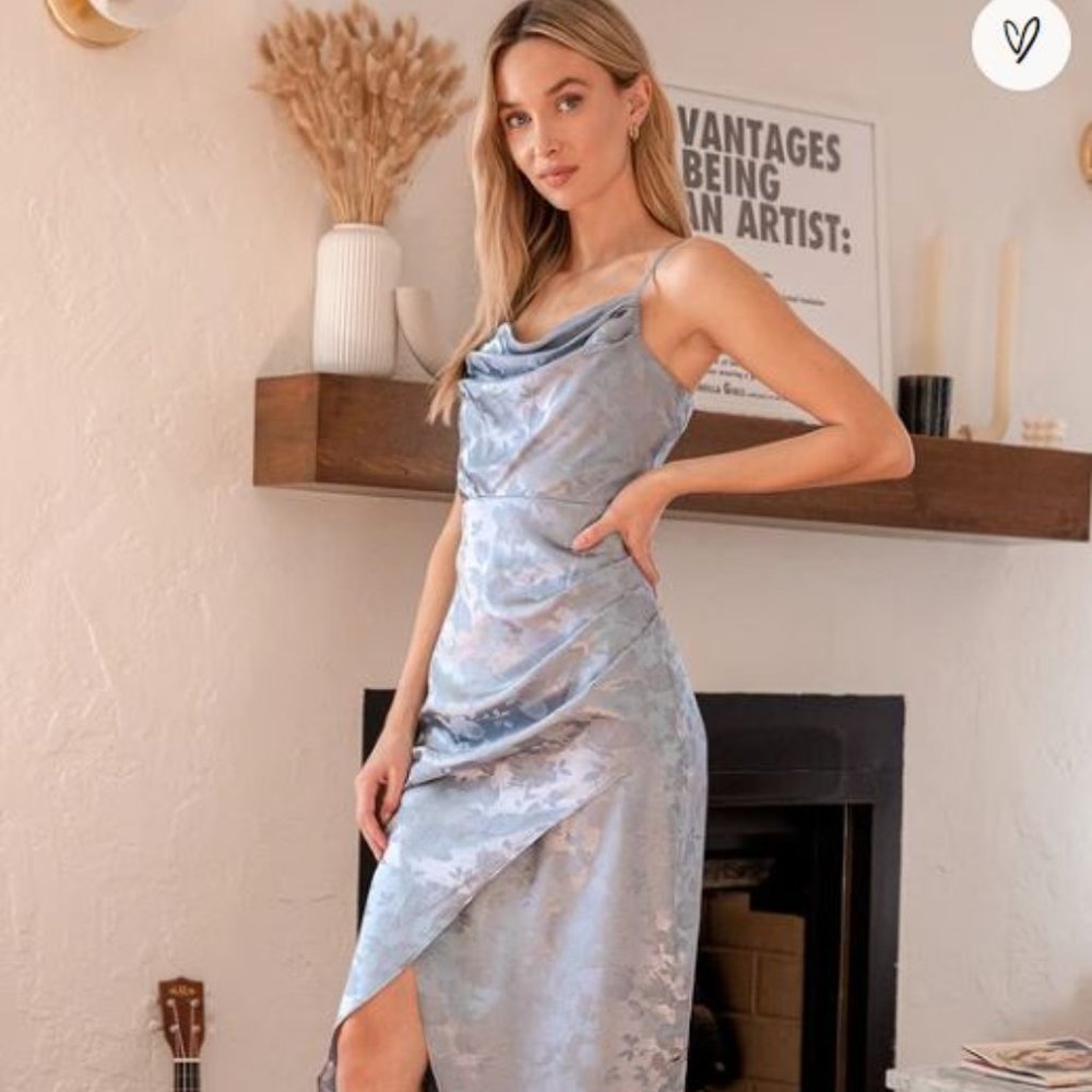 WORN ONCE - Lulus Slate Blue Satin Floral Jacquard Midi Dress - Size Medium